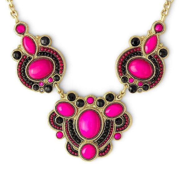Francesca's Collection Fuchsia & Black Statement Necklace – Gold Tone Vintage St - Picture 1 of 7